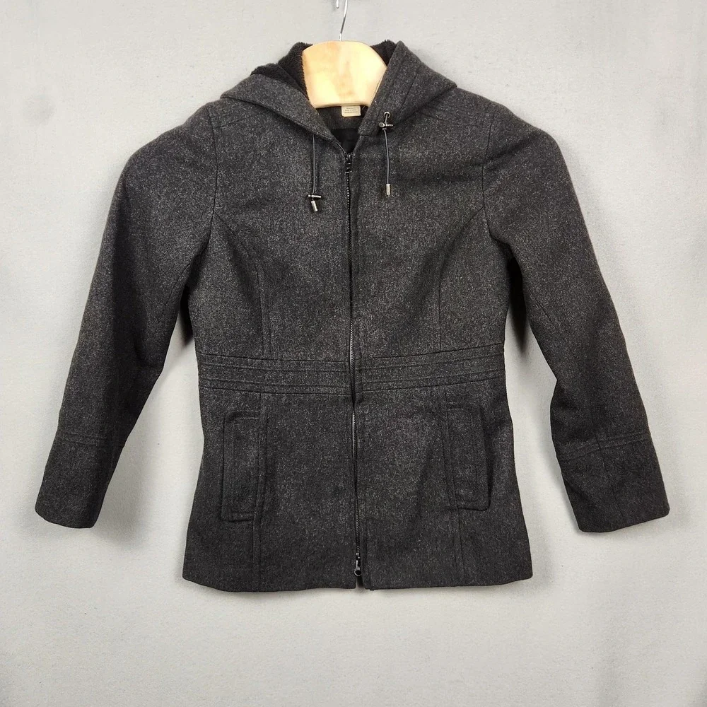 St John's Bay Coat Womens Medium Gray Wool Cashmere Hooded Zip Parka Winter